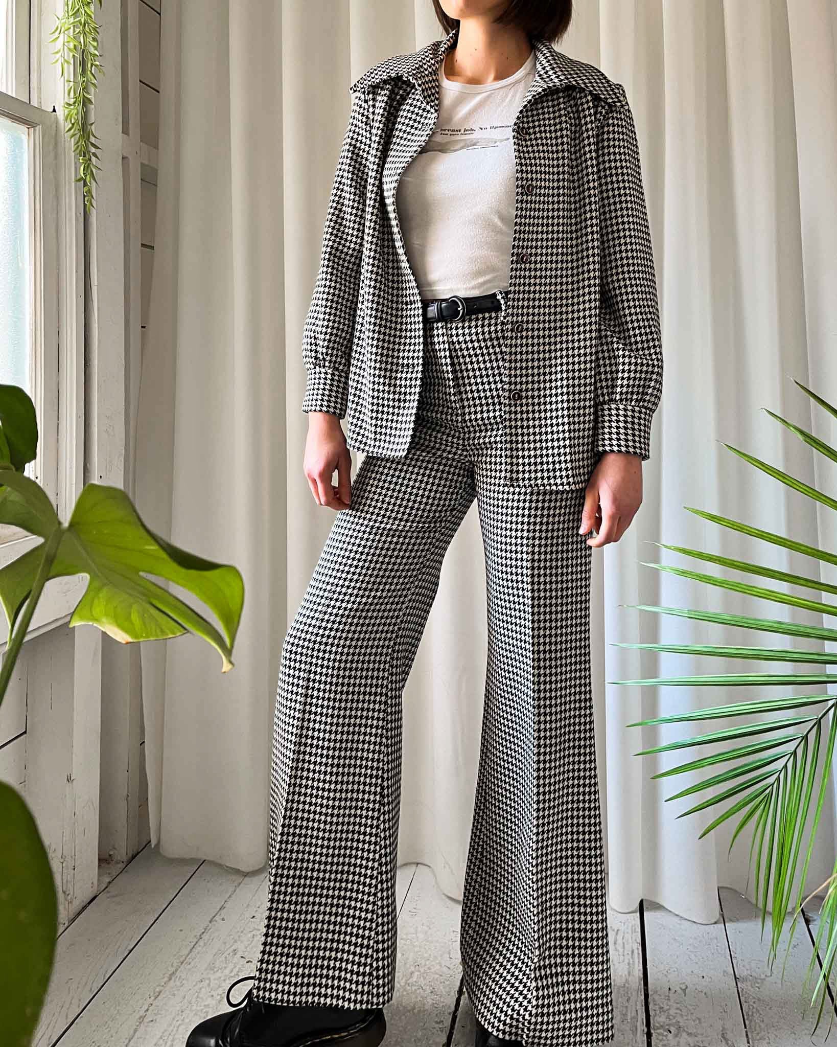 70s Houndstooth Wool Pant Suit | XS