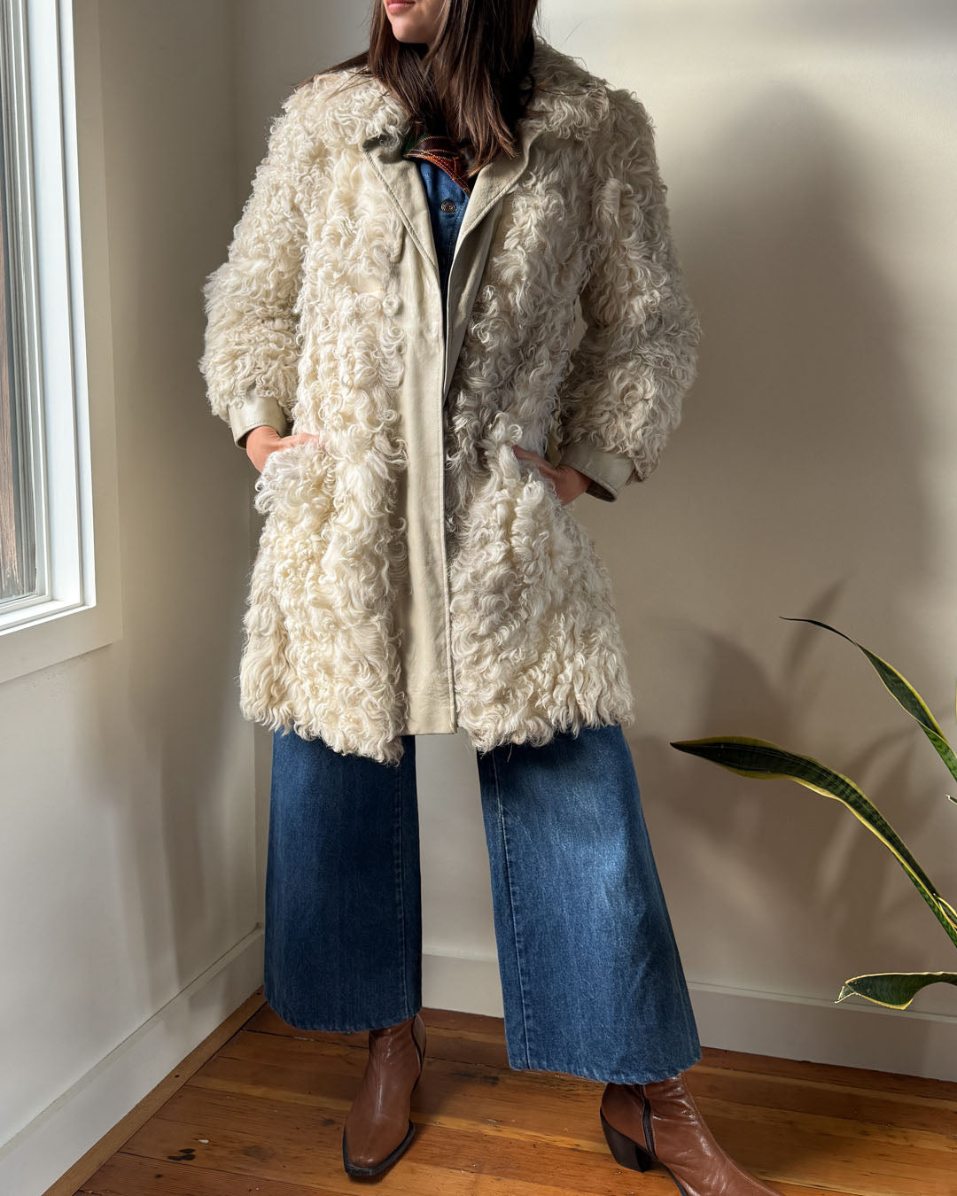 70s Natural Curly Lamb Coat | S