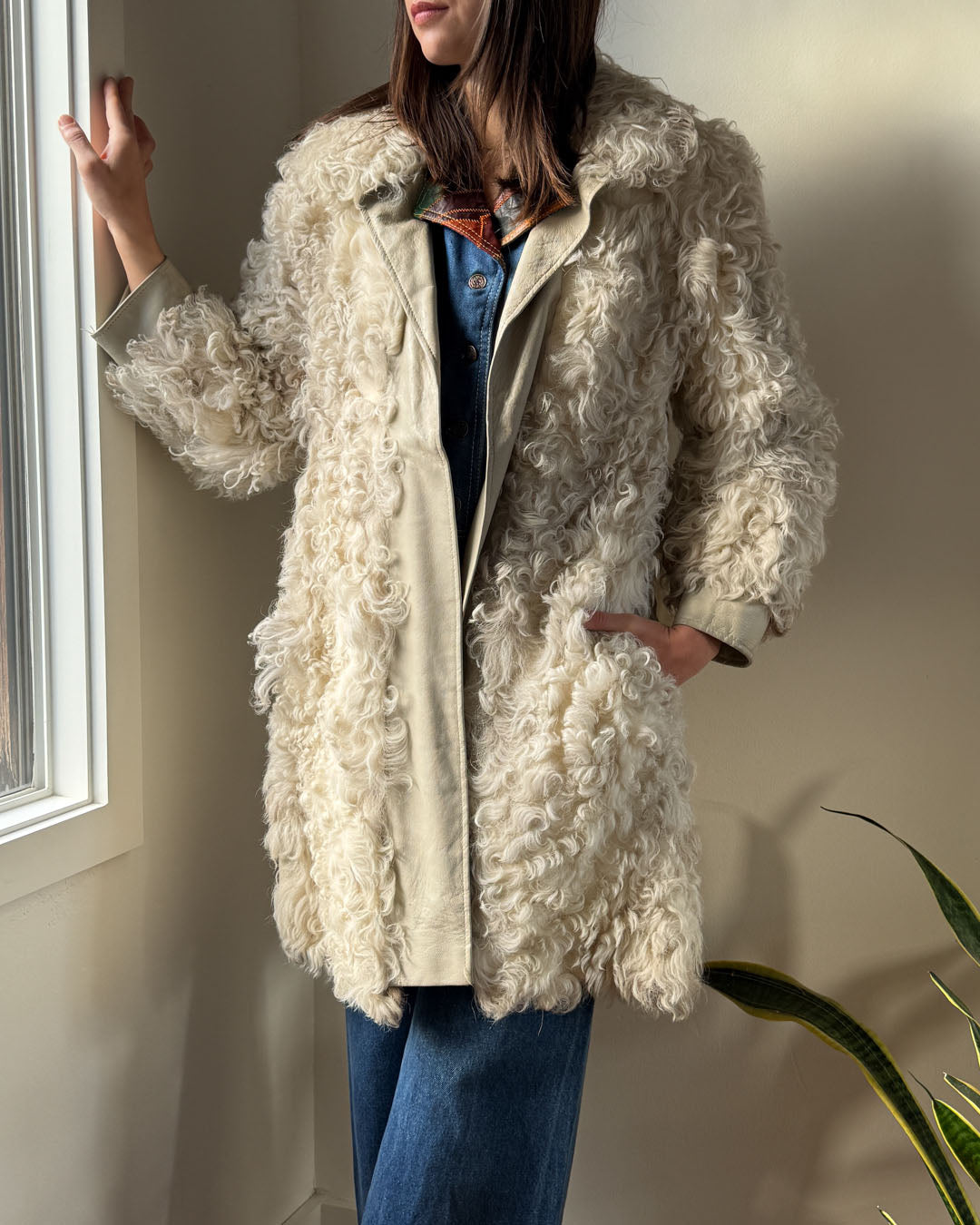 70s Natural Curly Lamb Coat | S