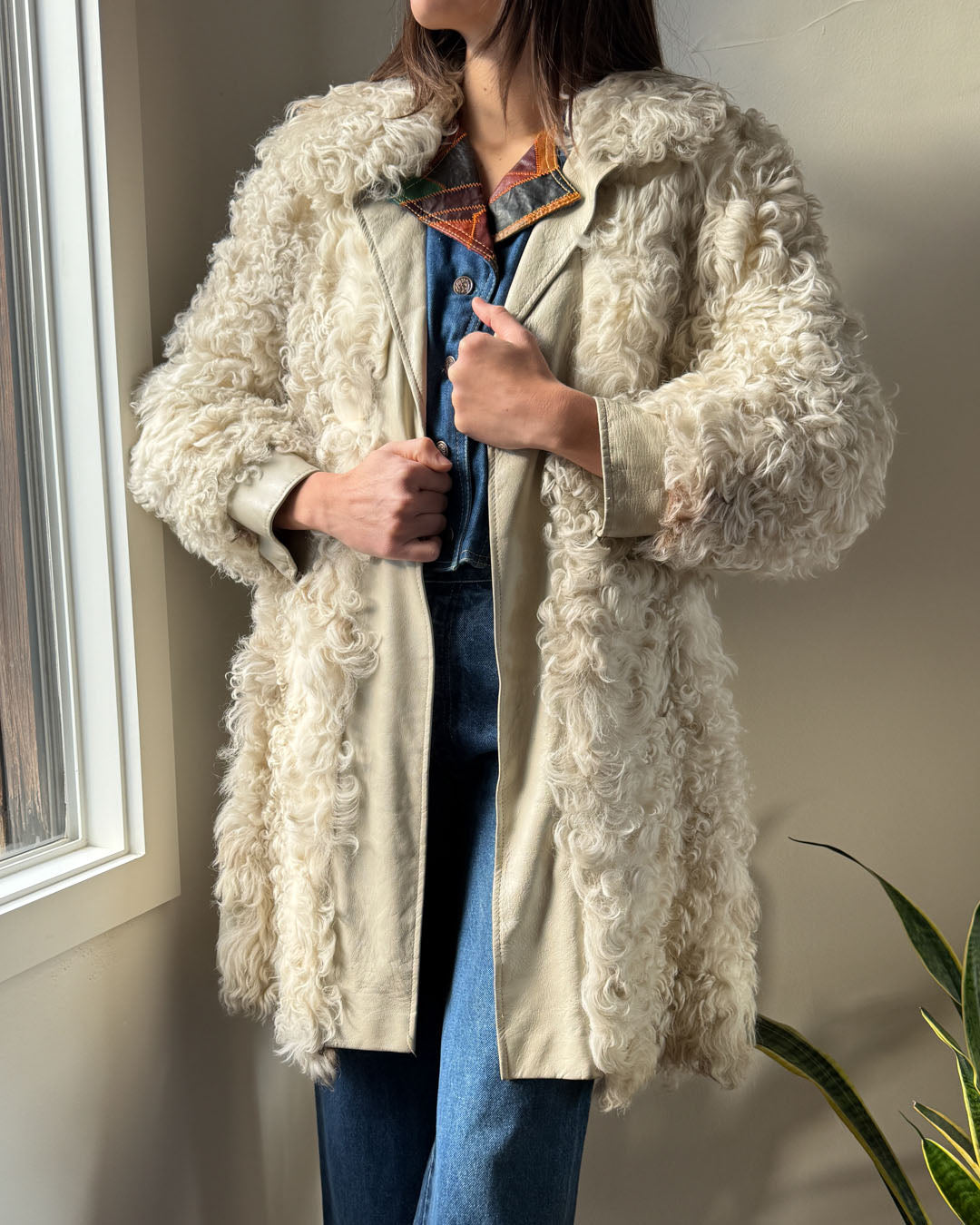 70s Natural Curly Lamb Coat | S