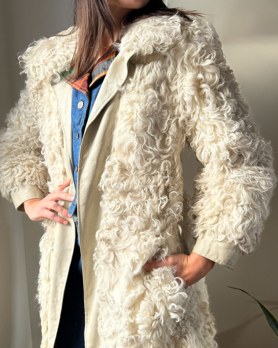 70s Natural Curly Lamb Coat | S