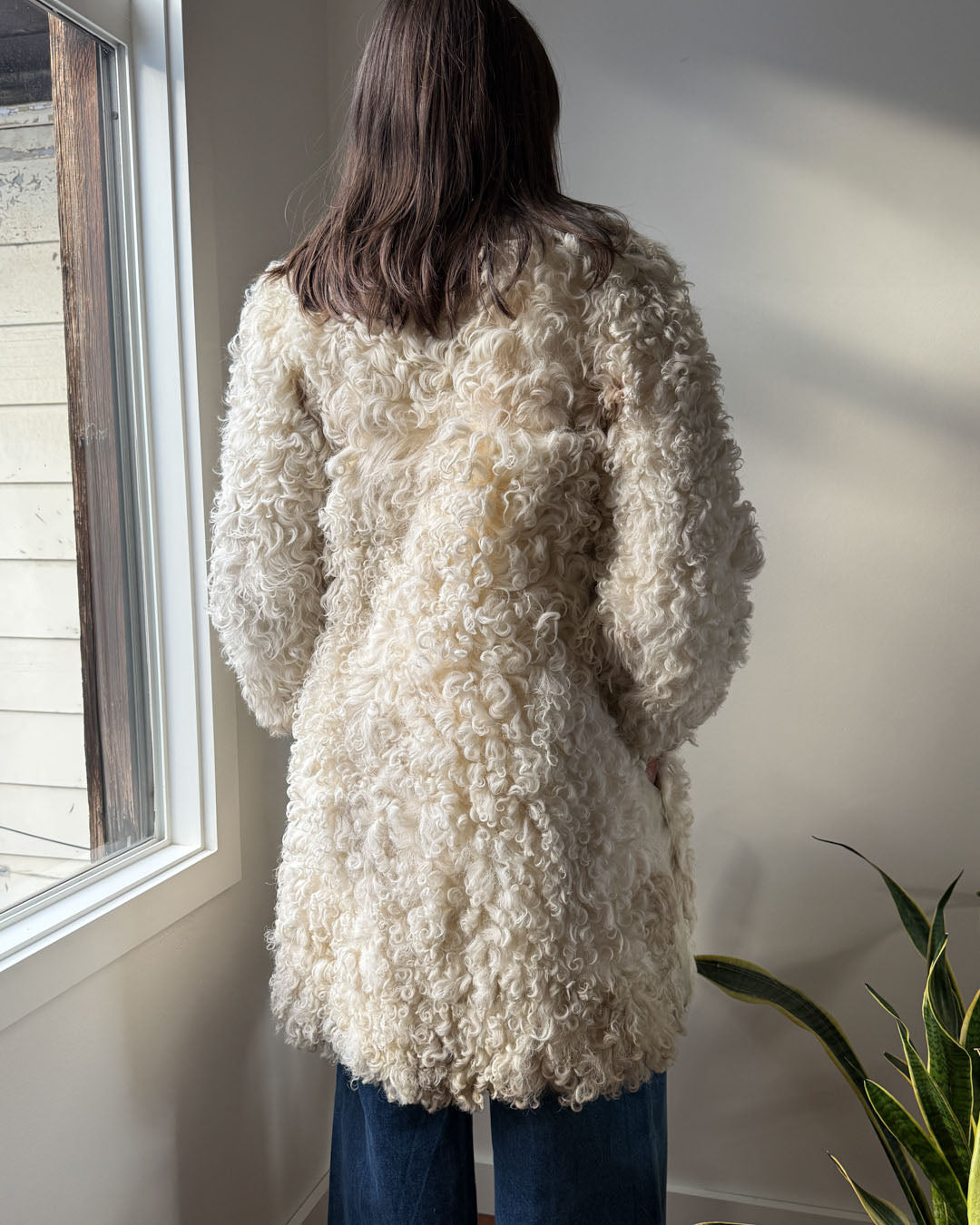 70s Natural Curly Lamb Coat | S