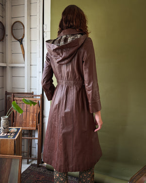 70s Hooded Leather Trench | XS