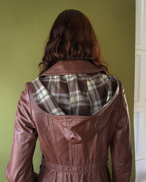 70s Hooded Leather Trench | XS
