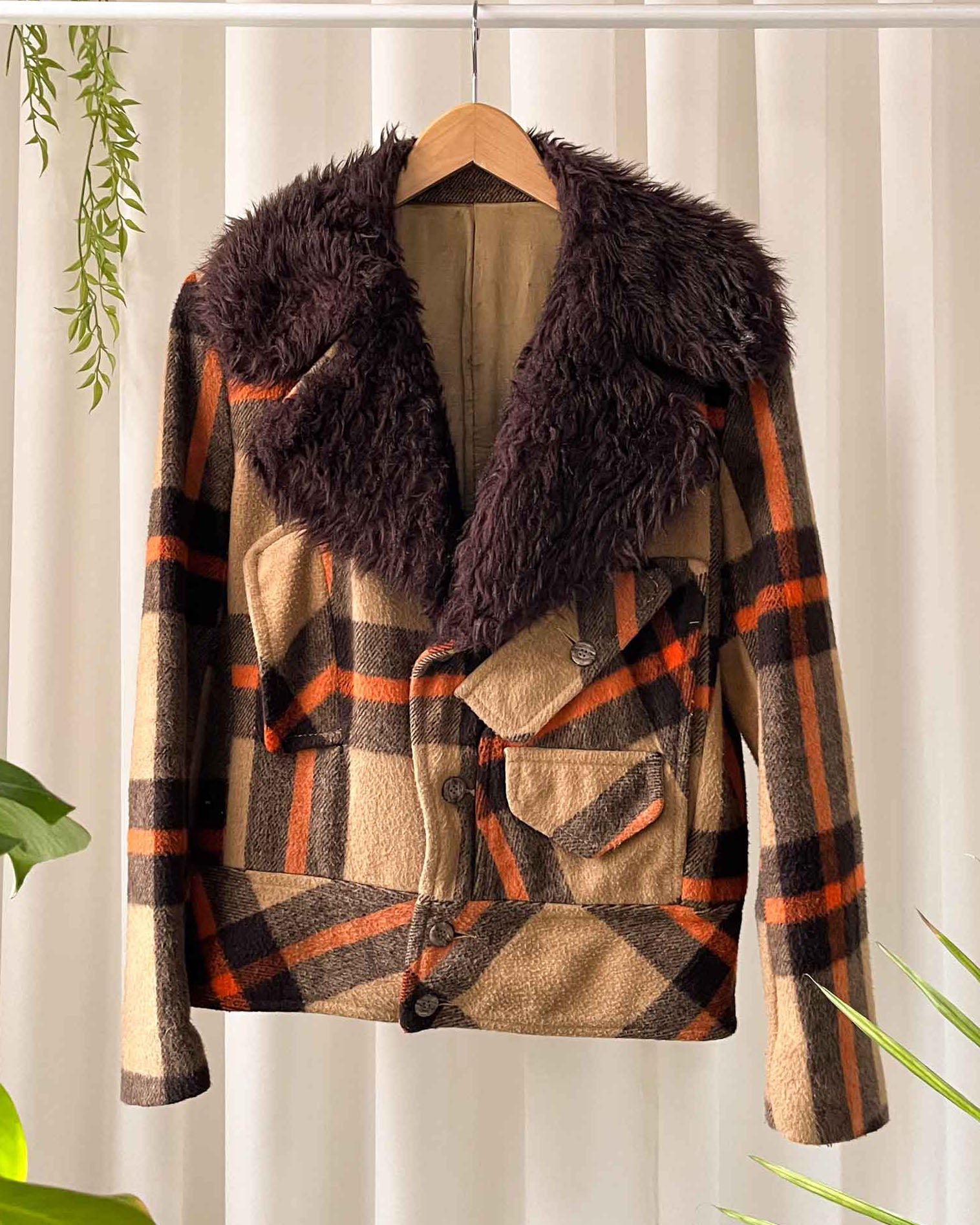 60s Plaid Faux Fur Jacket M Lucky Vintage - Main Image