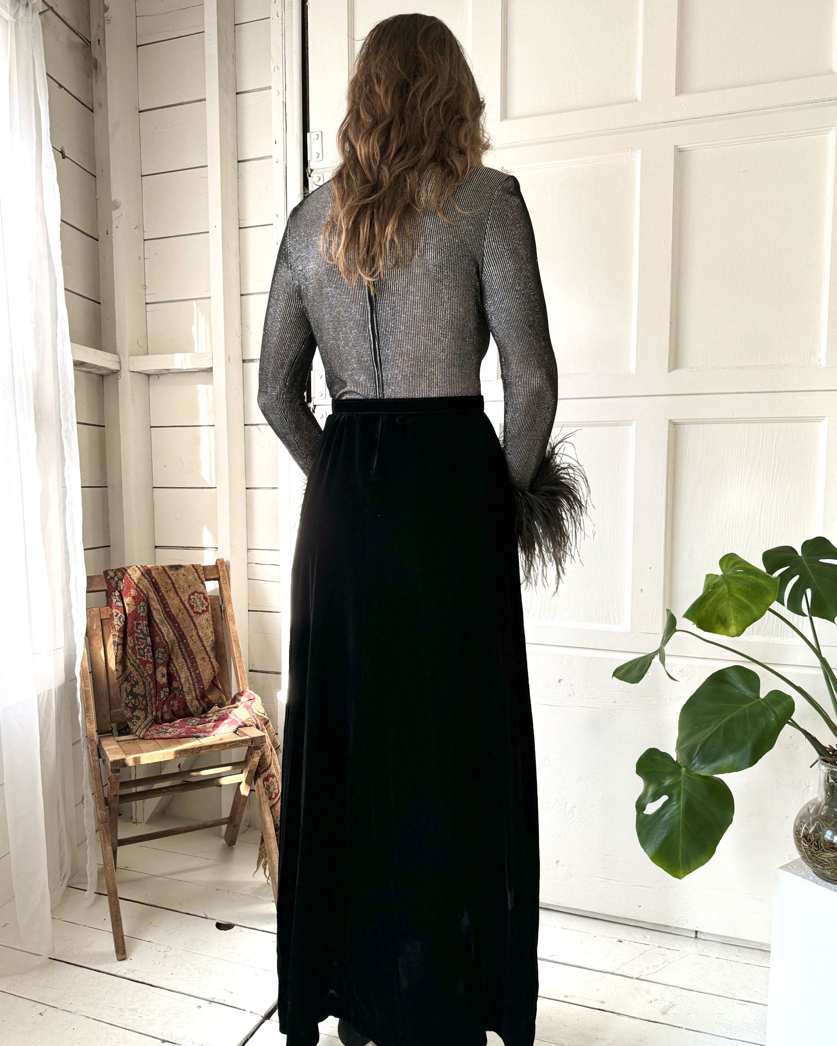 70s Metallic Feather Maxi Dress | M 70s Metallic Feather Maxi Dress | M