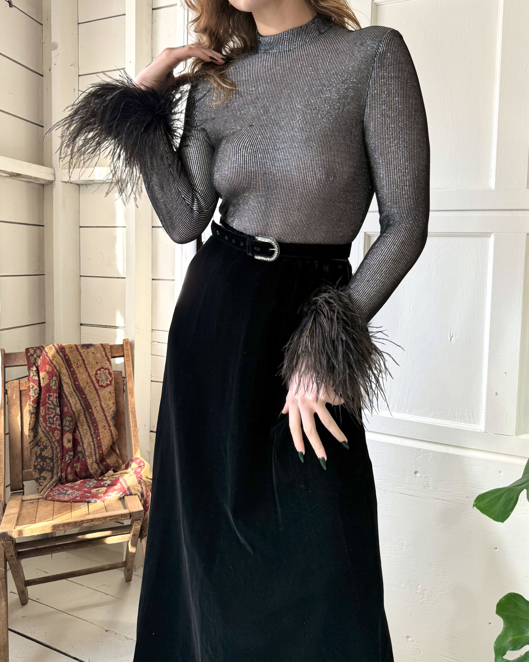 70s Metallic Feather Maxi Dress | M