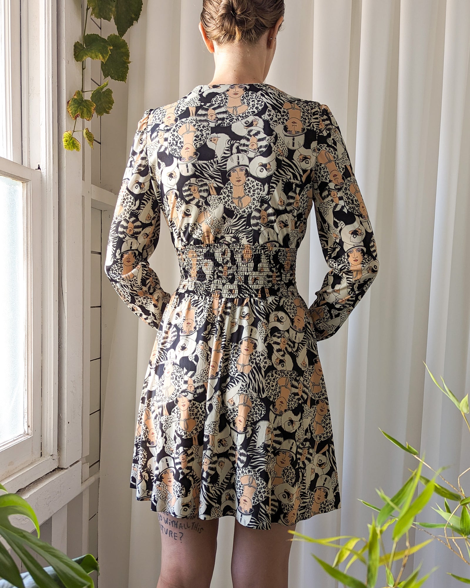70s Novelty Ladies Print Mini Dress | S-M
