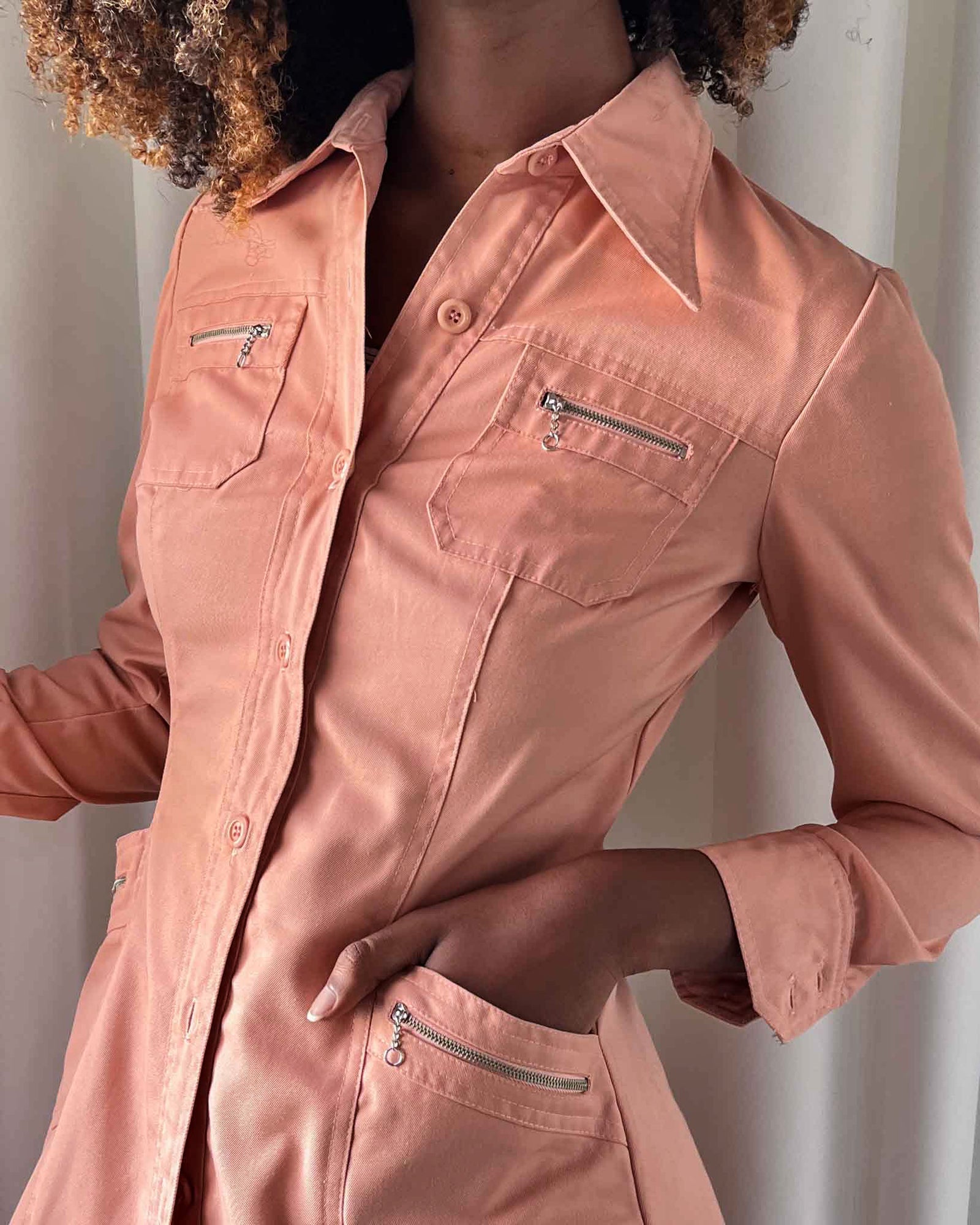 70s Pink Cotton Pant Suit | S