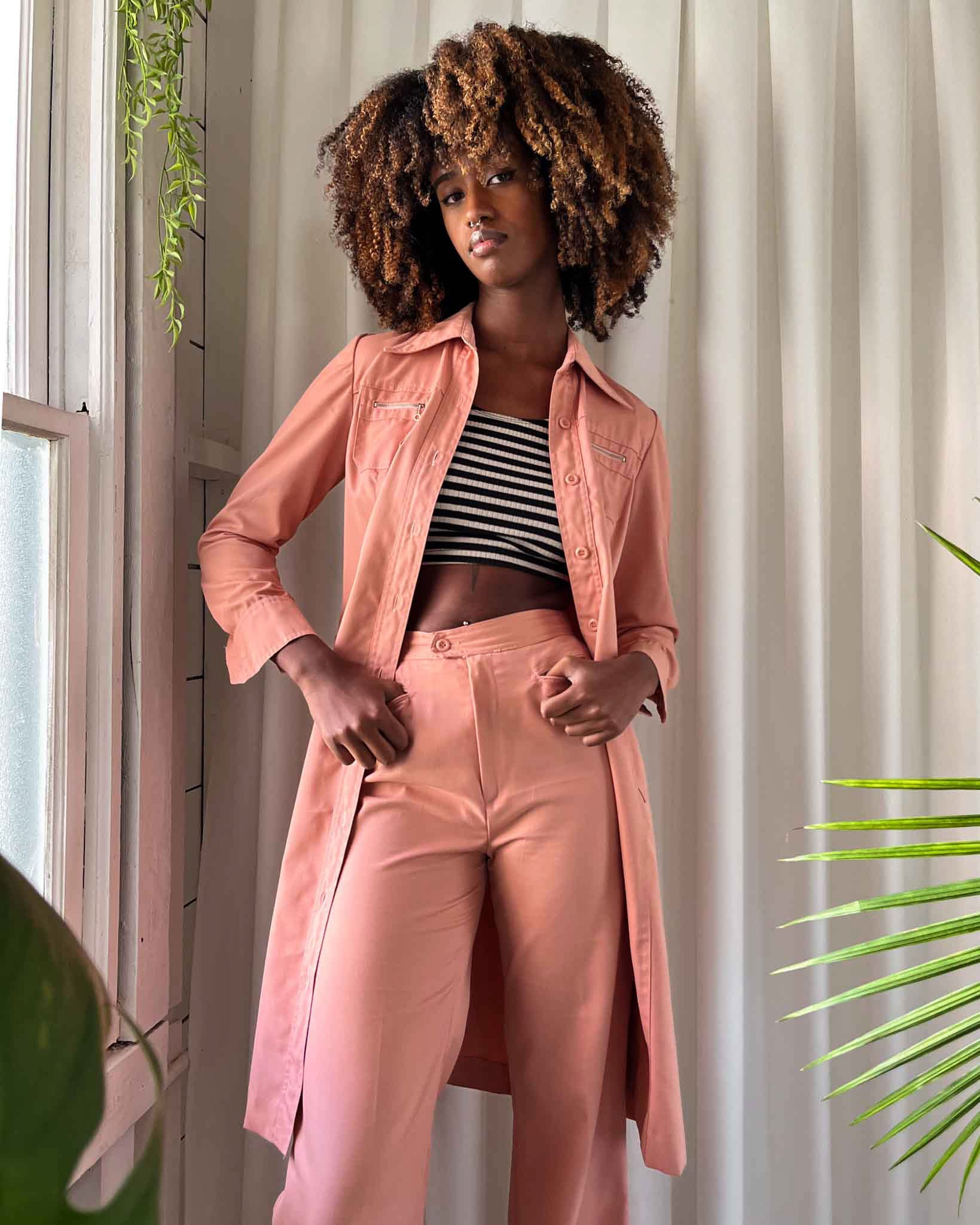 70s Pink Cotton Pant Suit | S