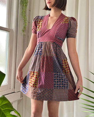 70s Puff Sleeve Patchwork Mini Dress