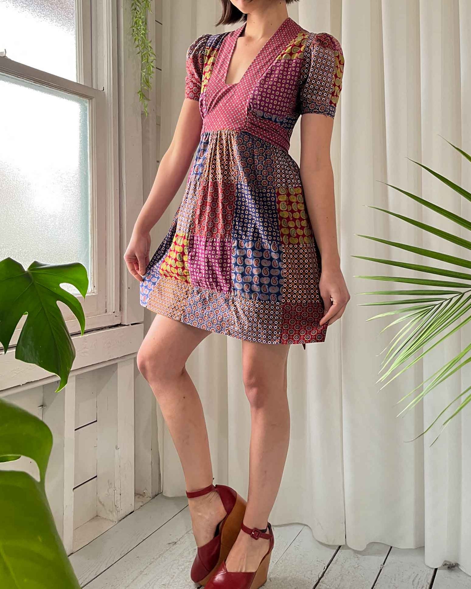 70s Puff Sleeve Patchwork Mini Dress 70s Puff Sleeve Patchwork Mini Dress