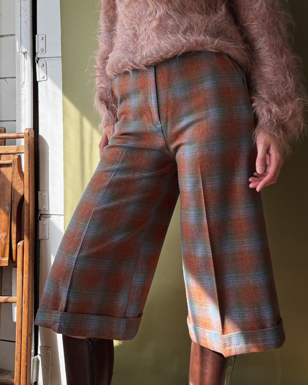70s Plaid Wool Culottes | S