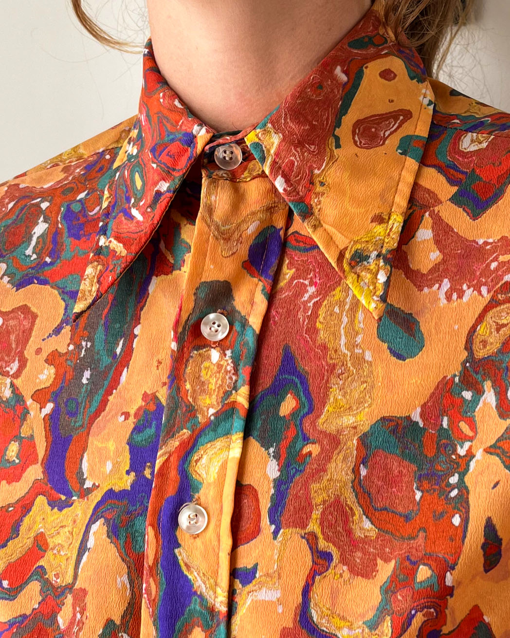 70s Marbled Print Crepe Shirt | M