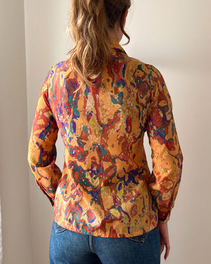 70s Marbled Print Crepe Shirt | M