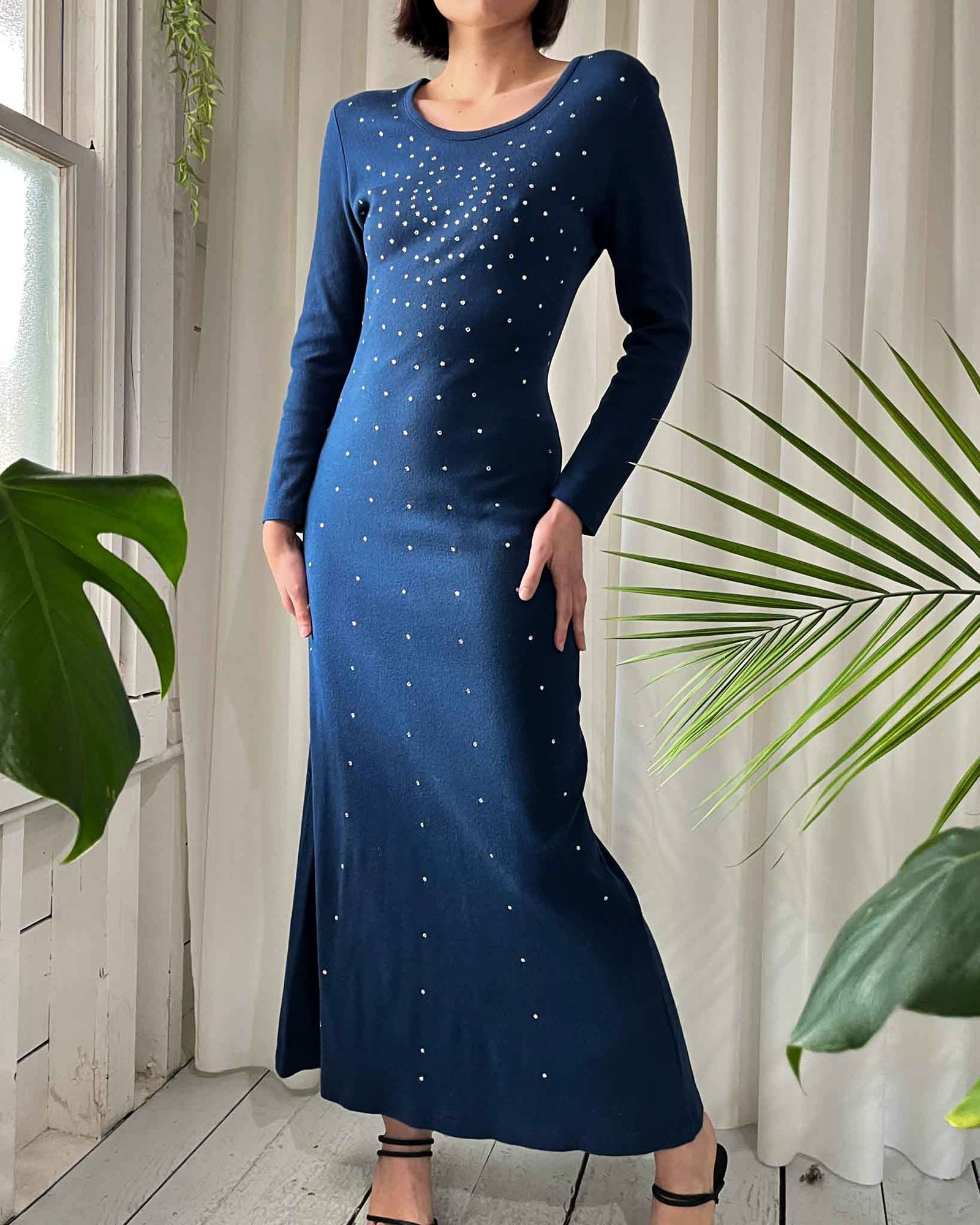 70s Rhinestone Studded Maxi Dress | S