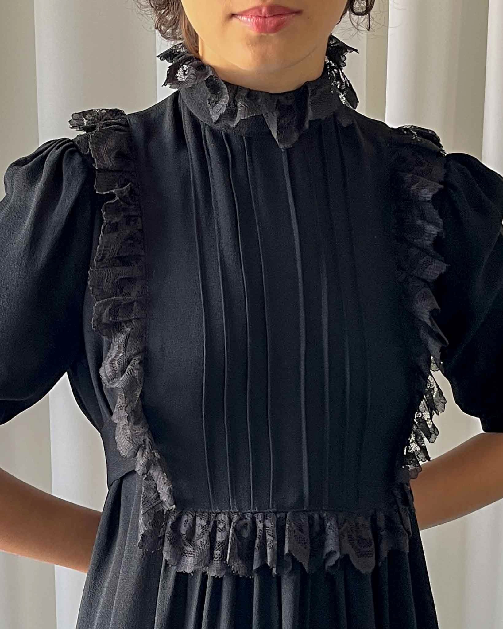 70s Ossie Clark Black Crepe Dress | S-M