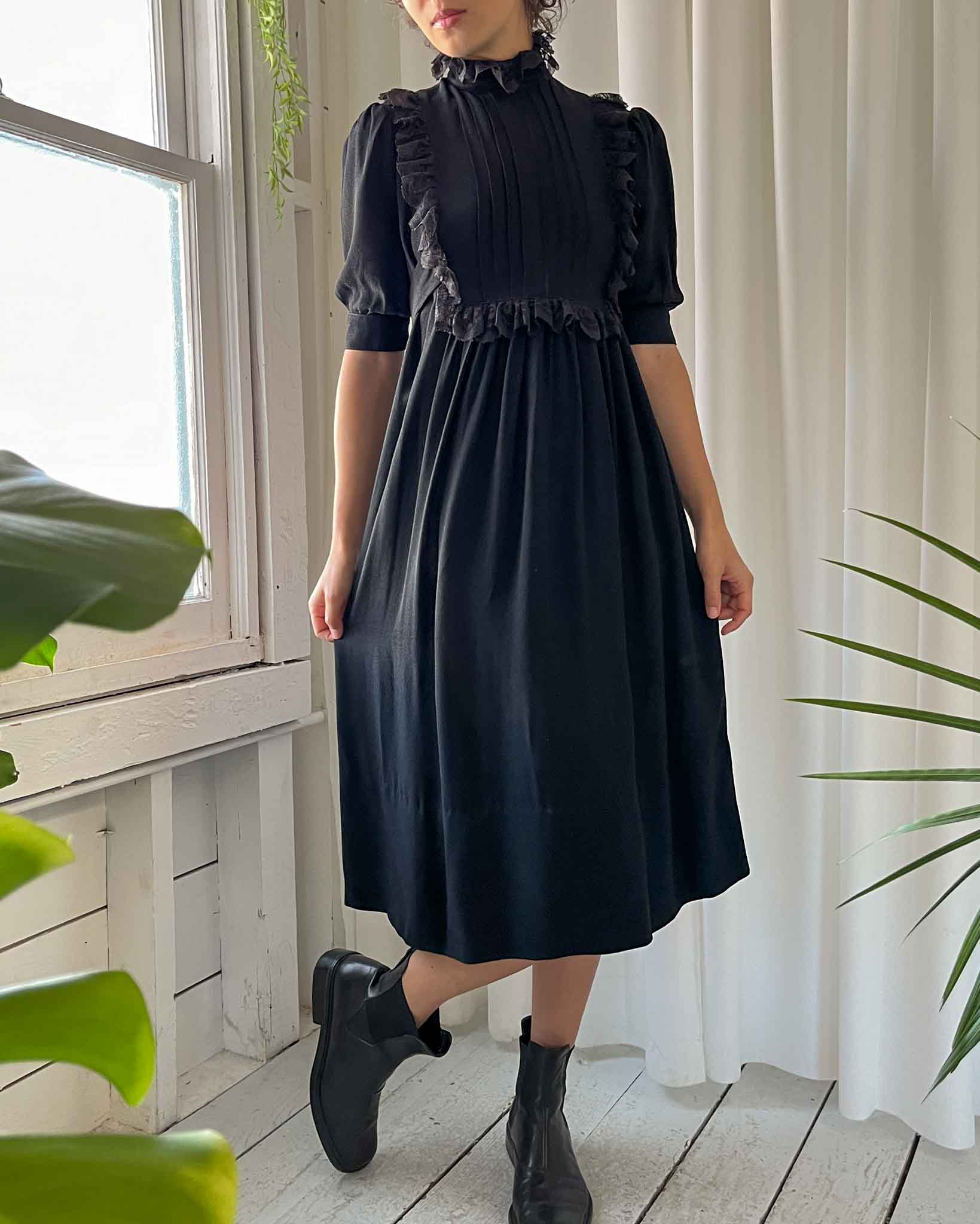 70s Ossie Clark Black Crepe Dress | S-M
