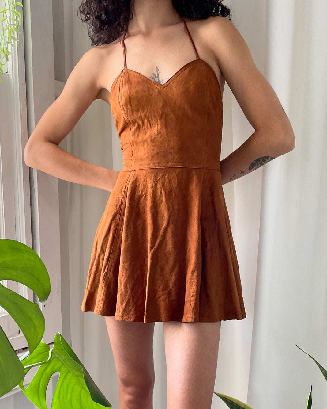 70s Suede Leather Halter Dress | XS - Lucky Vintage 