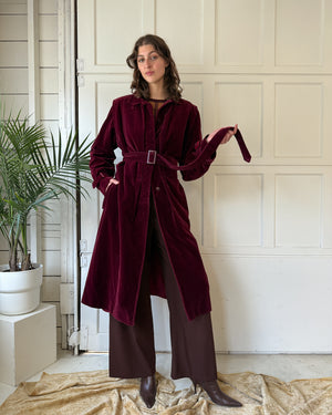 70s Burgundy Velvet Trench | M-L