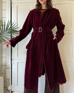70s Burgundy Velvet Trench | M-L