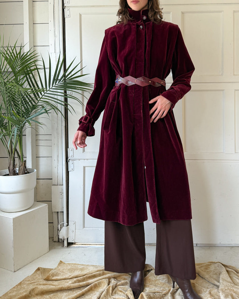 70s Burgundy Velvet Trench | M-L