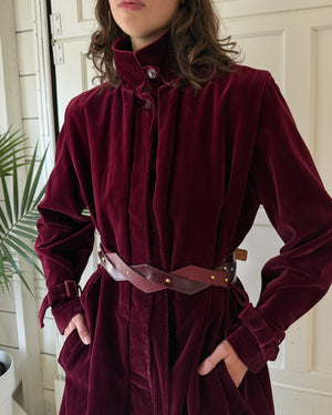 70s Burgundy Velvet Trench | M-L
