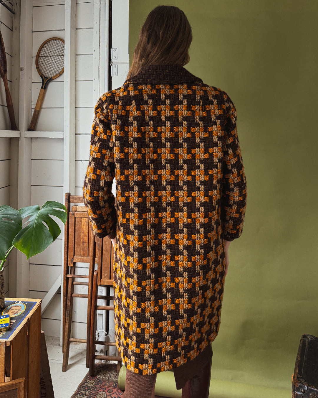 70s Chunky Woven Wool Coat | L