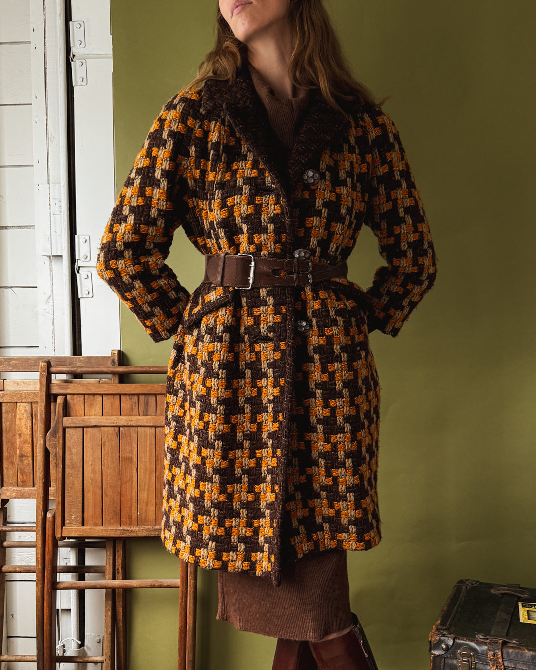 70s Chunky Woven Wool Coat | L