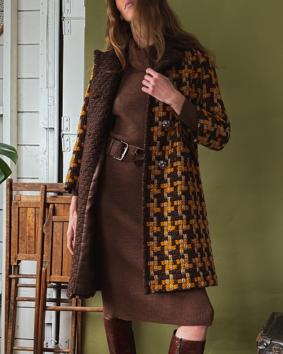 70s Chunky Woven Wool Coat | L