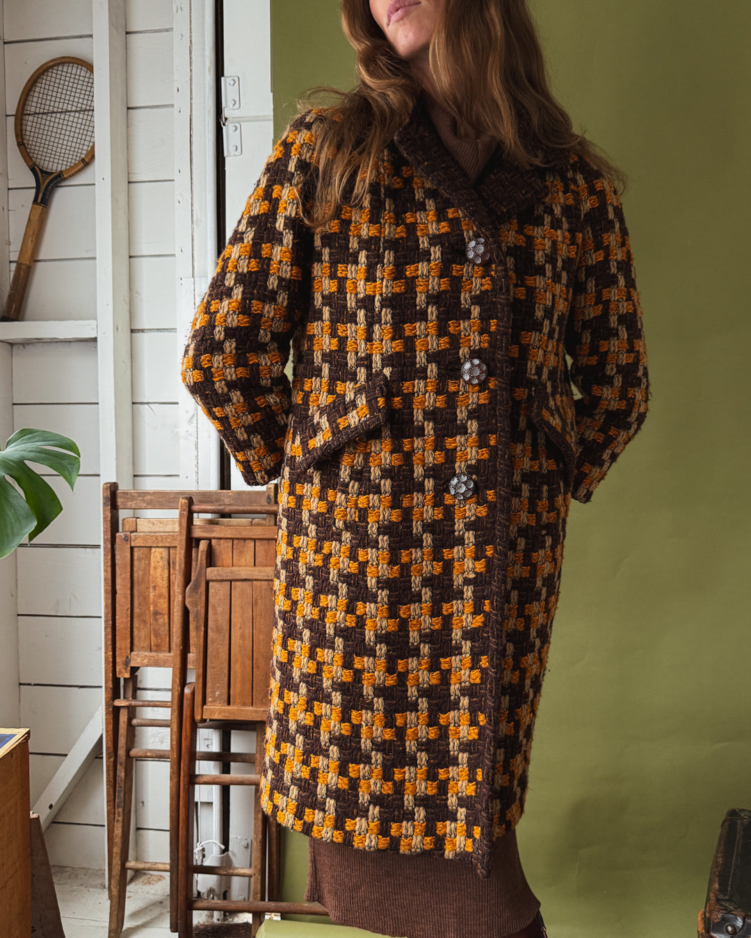 70s Chunky Woven Wool Coat | L