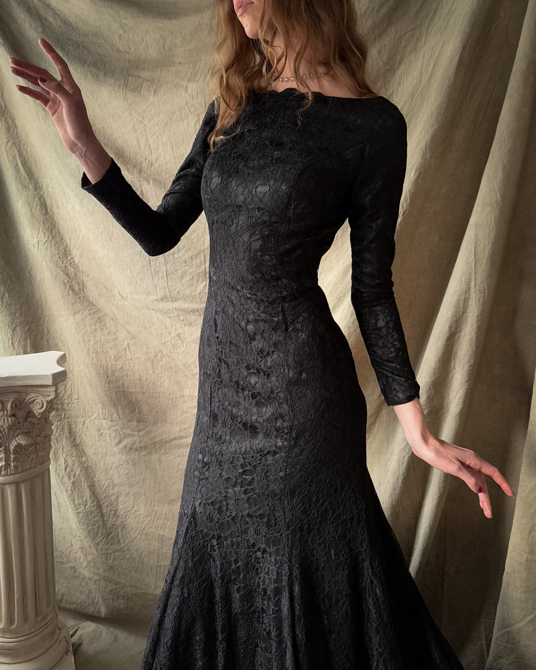 80s Black Lace Gown With Train | S
