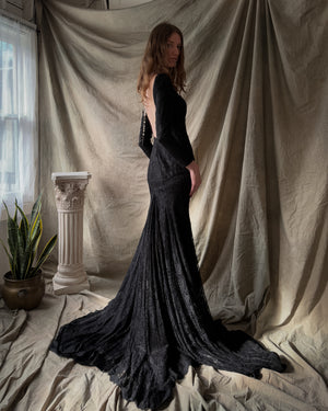 80s Black Lace Gown With Train | S