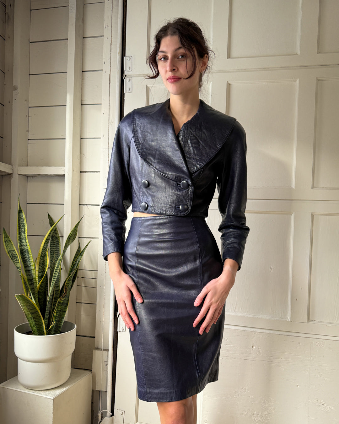 90s Blue Leather Ensemble | S - Lucky Vintage 90s Blue Leather Ensemble | S - Lucky Vintage