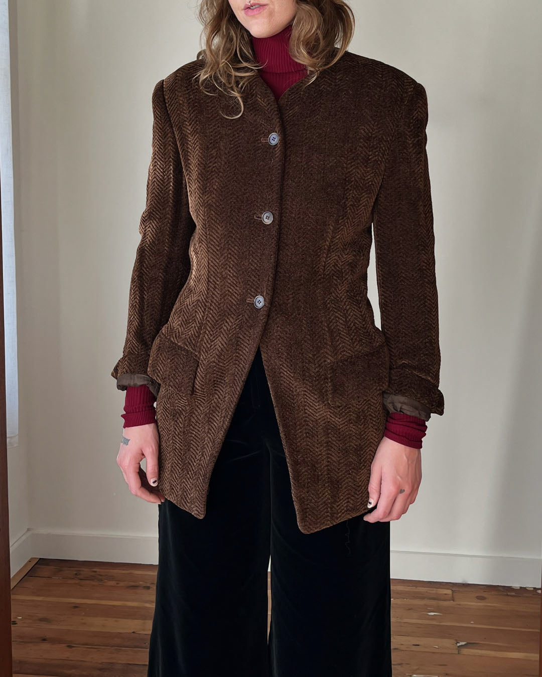 90s Anne Klein Brown Chenille Jacket | M