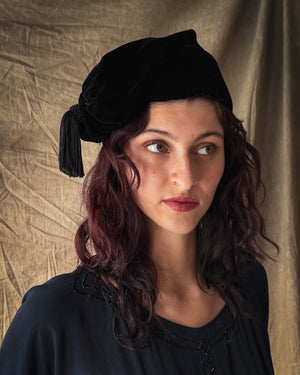 80s Black Velvet Tassel Hat