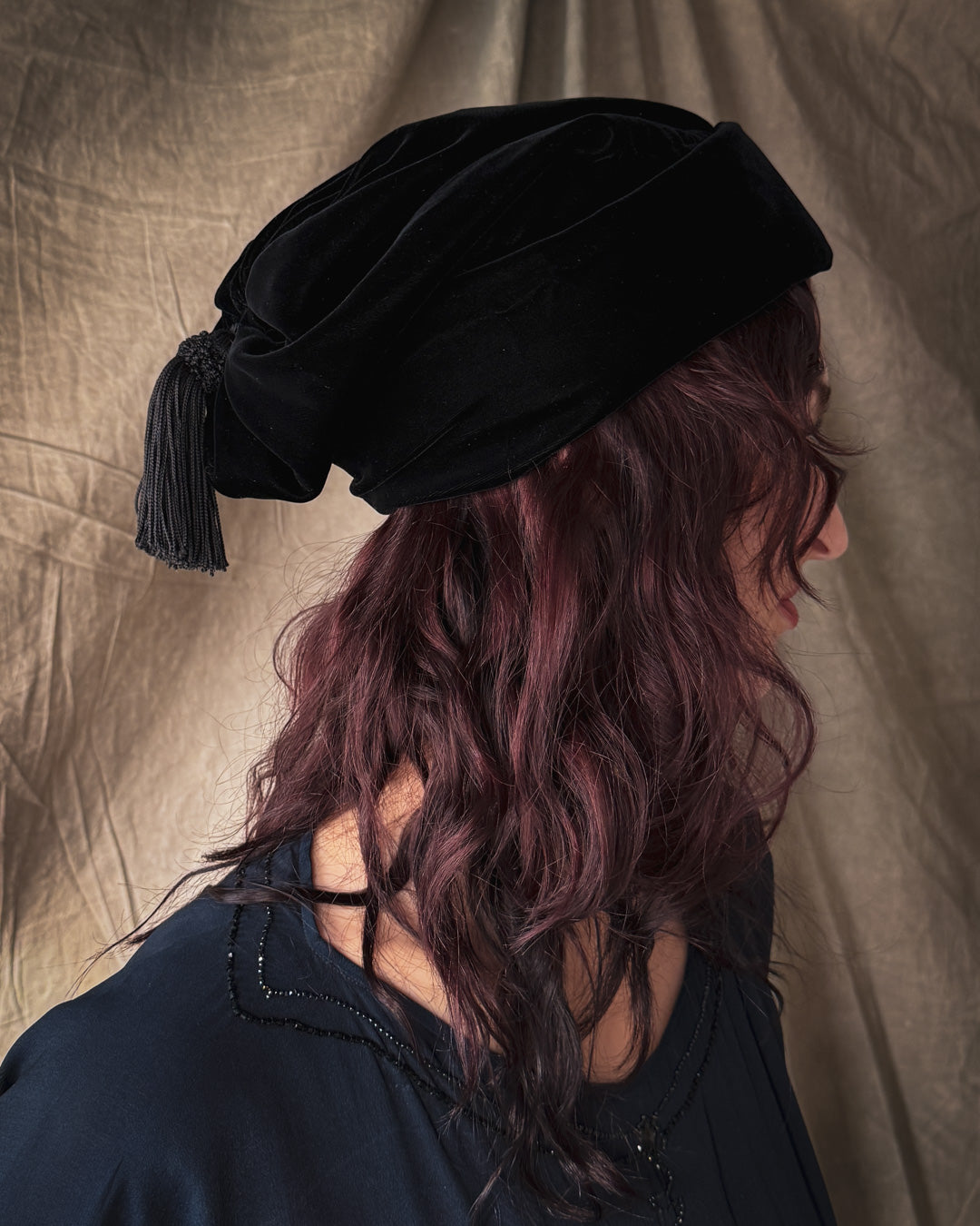80s Black Velvet Tassel Hat