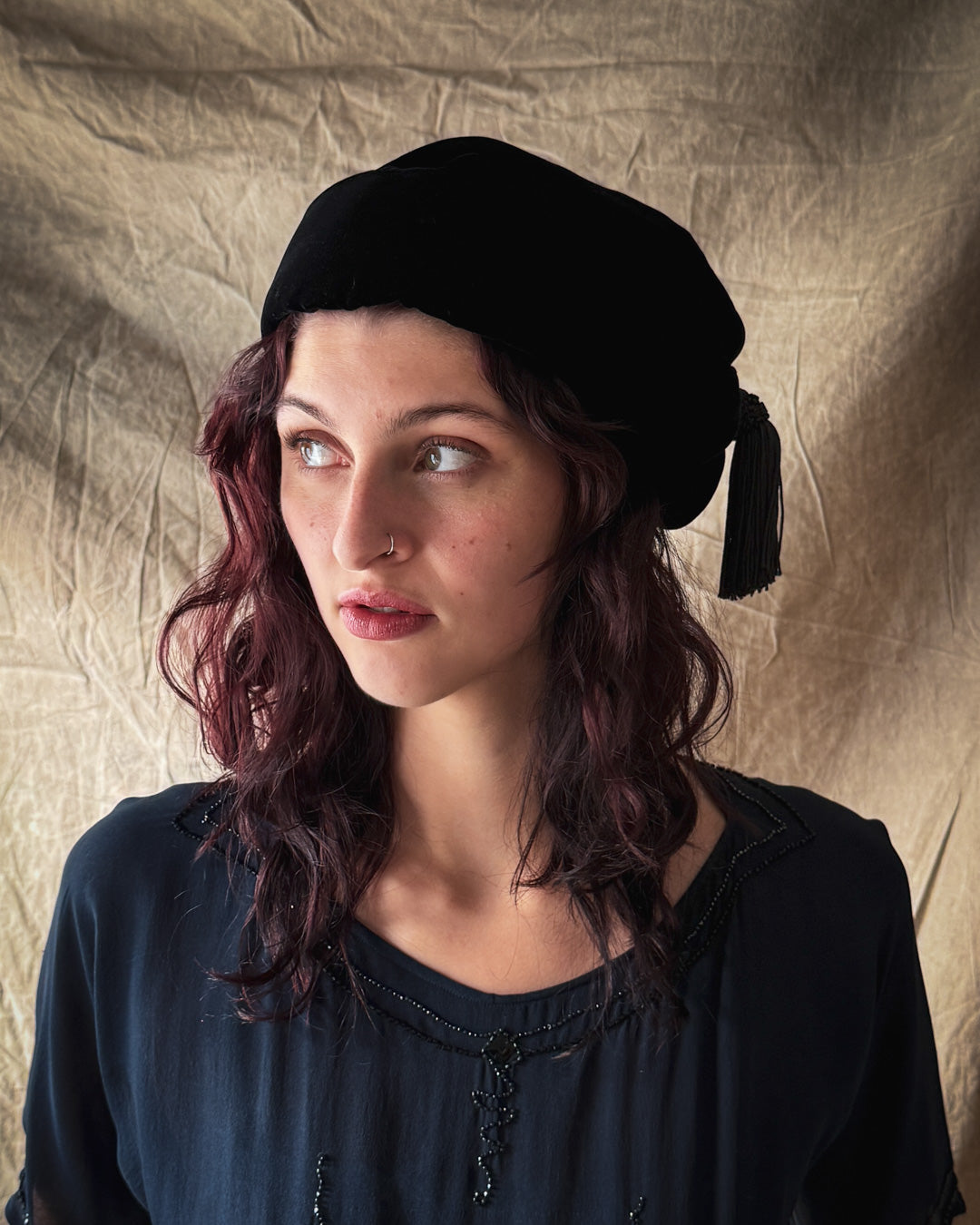 80s Black Velvet Tassel Hat