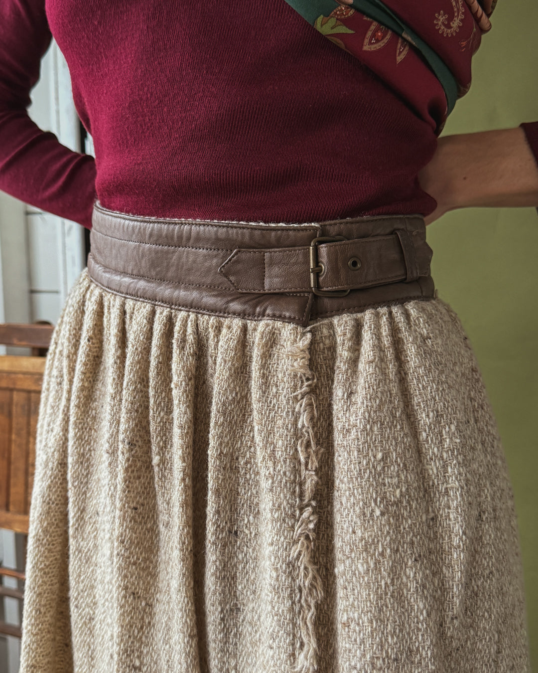 80s Escada Wool & Leather Skirt | M