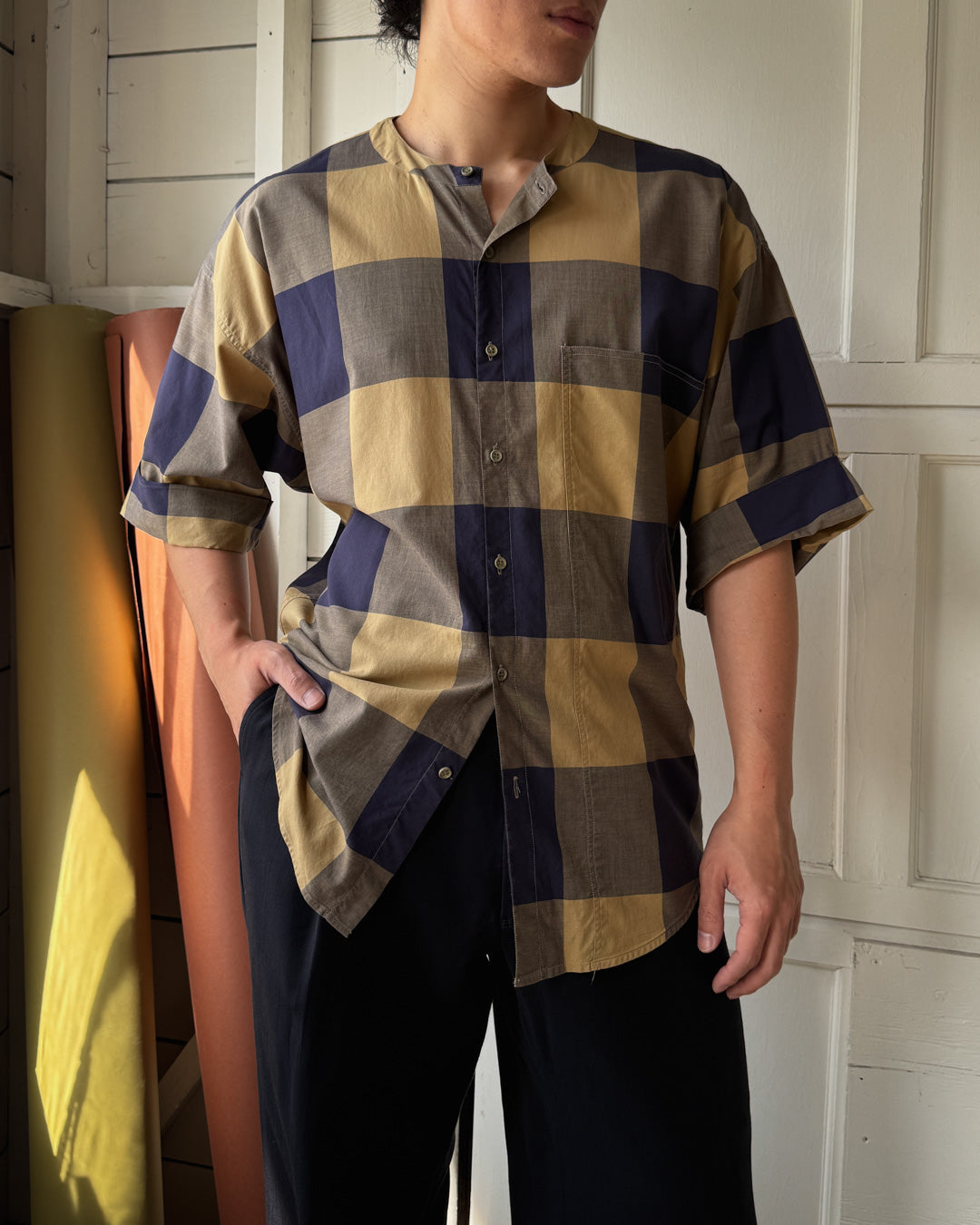 80s Versace Blue Plaid Shirt | S-M