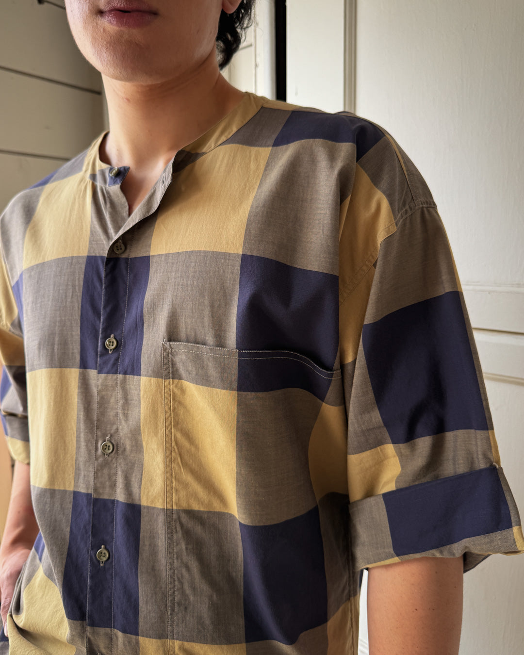 80s Versace Blue Plaid Shirt | S-M