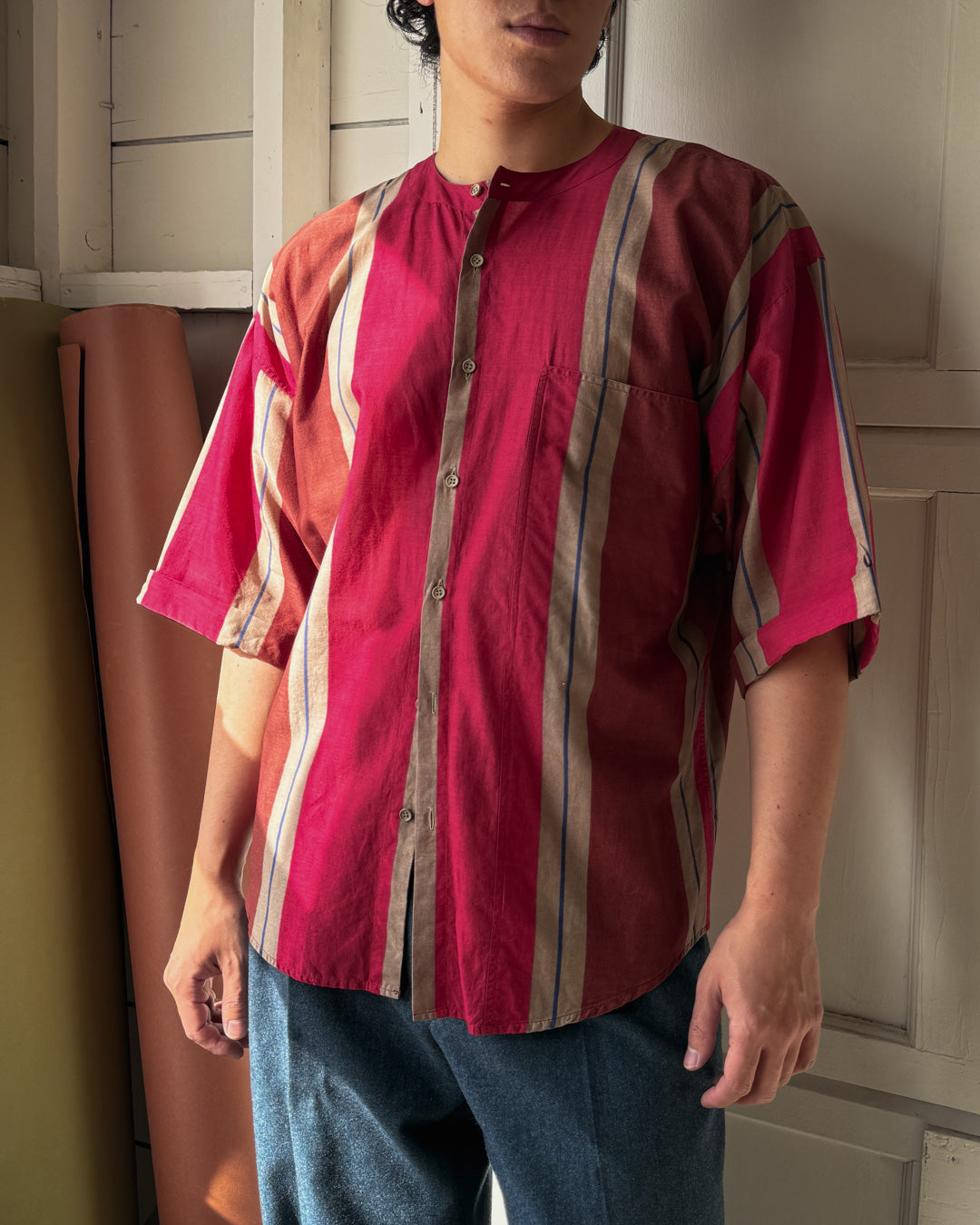 80s Versace Berry Stripe Shirt | M-L