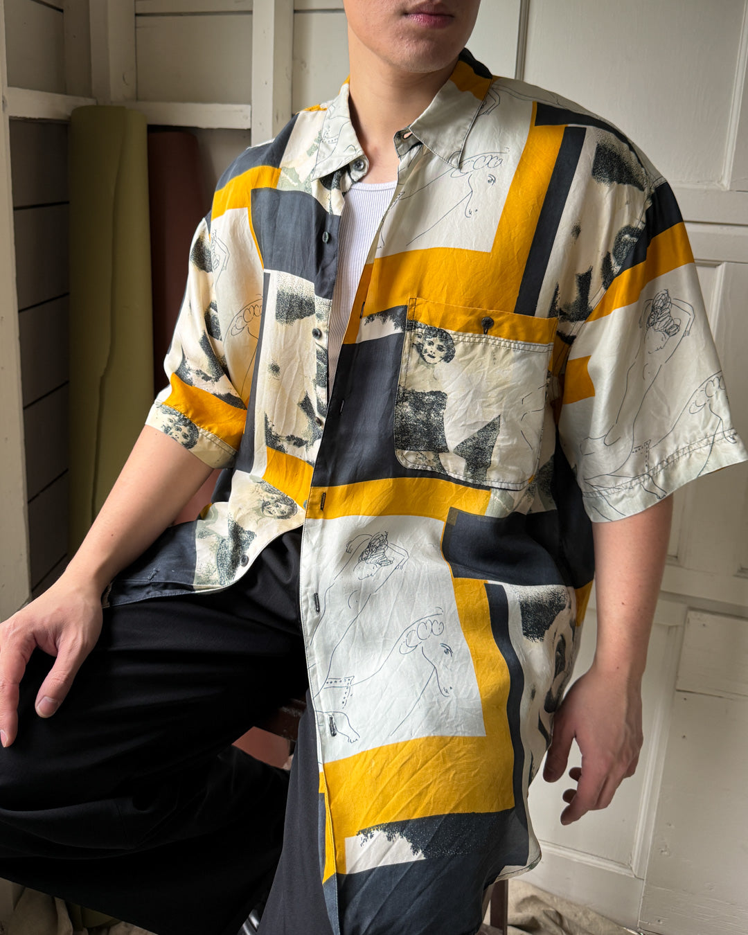90s Picasso Print Silk Shirt | XL