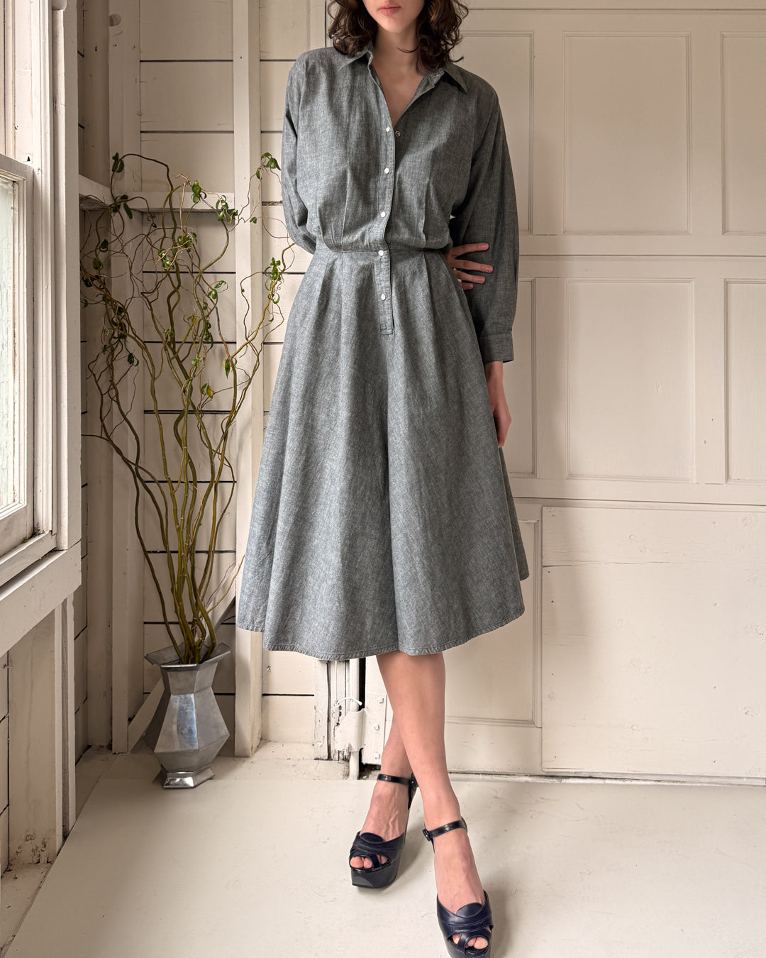 80s Norma Kamali Chambray Dress | M
