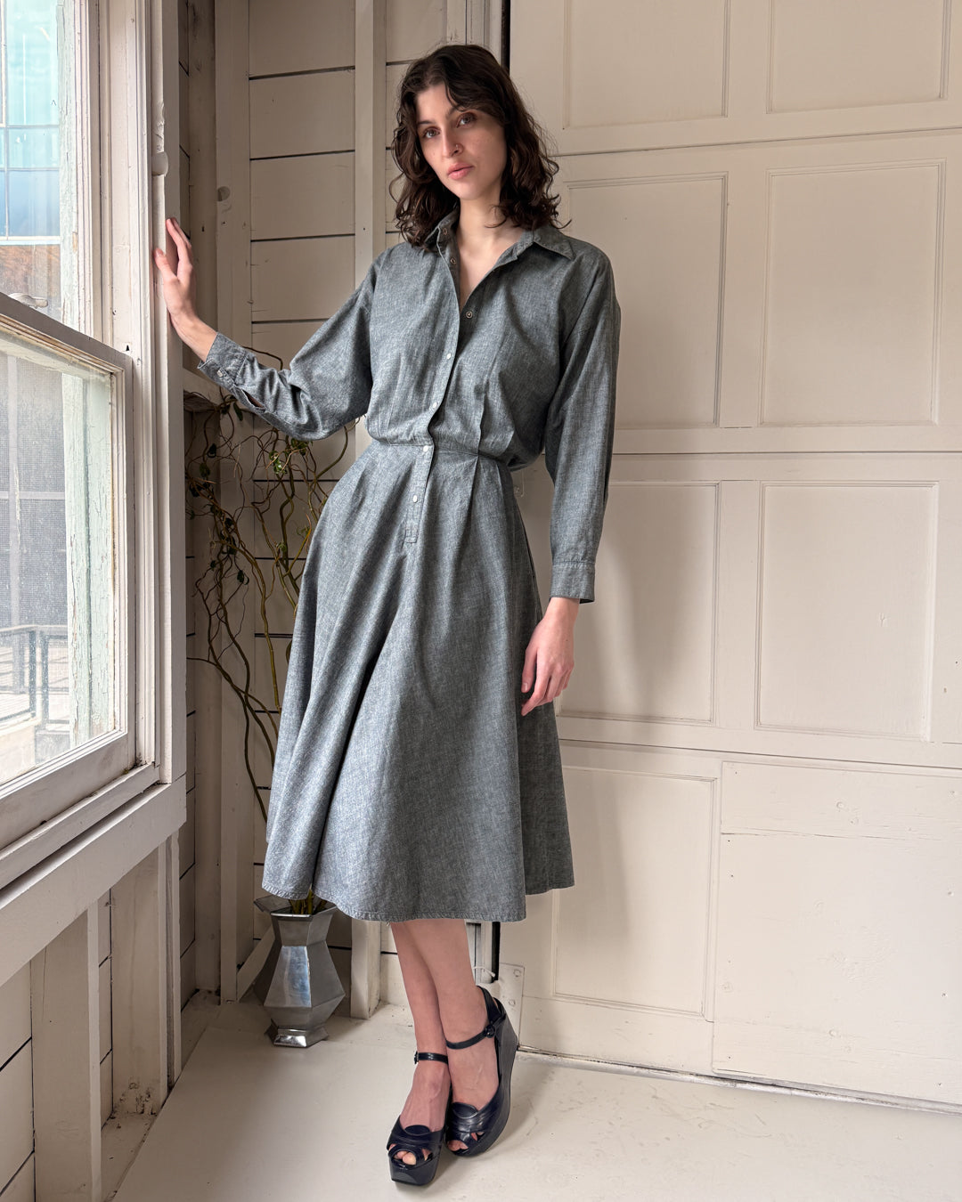 grey chambray dress 80s Norma Kamali Chambray Dress | M
