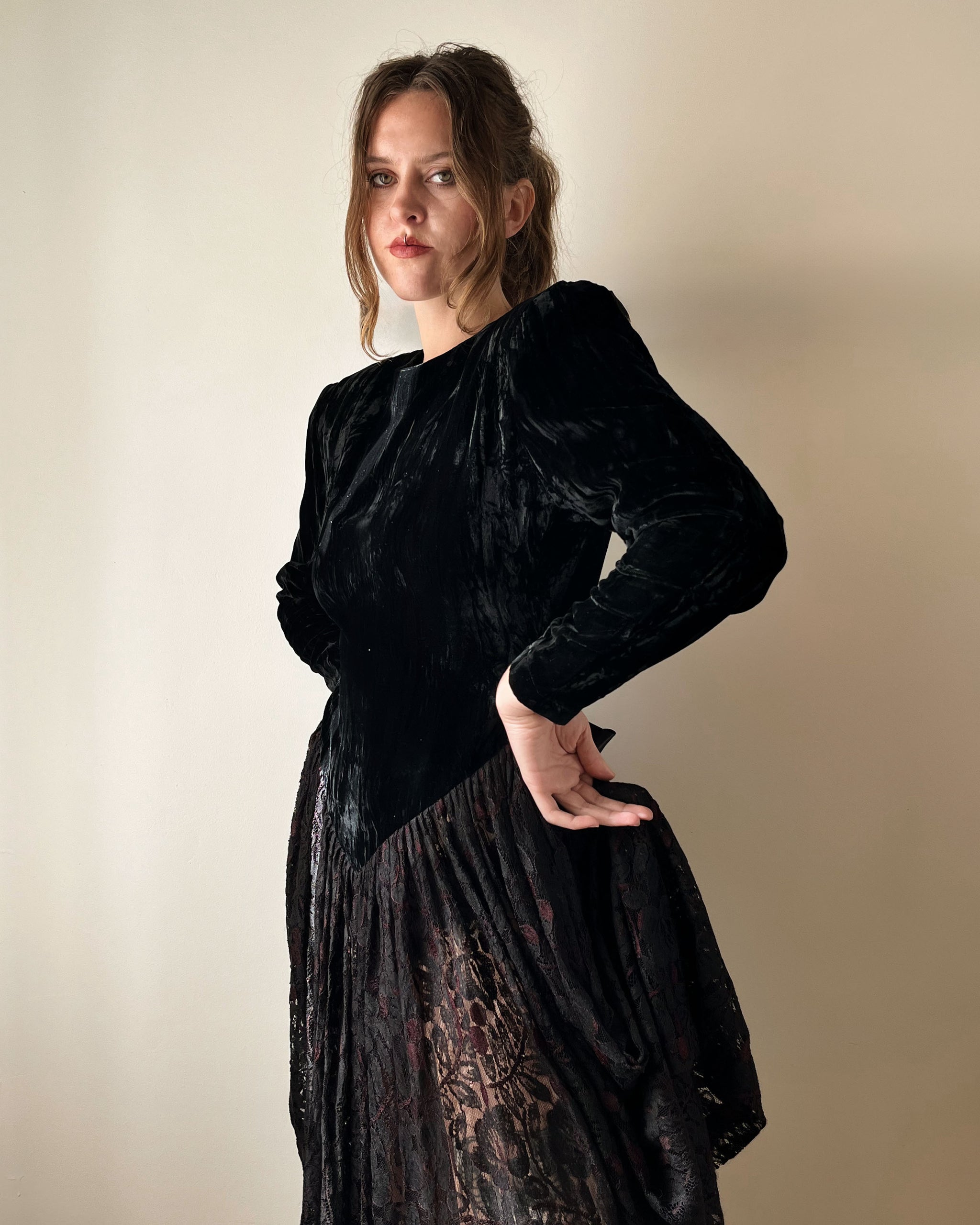 80s Norma Kamali Velvet & Lace Dress | S-M - Lucky Vintage 80s Norma Kamali Velvet & Lace Dress | S-M - Lucky Vintage