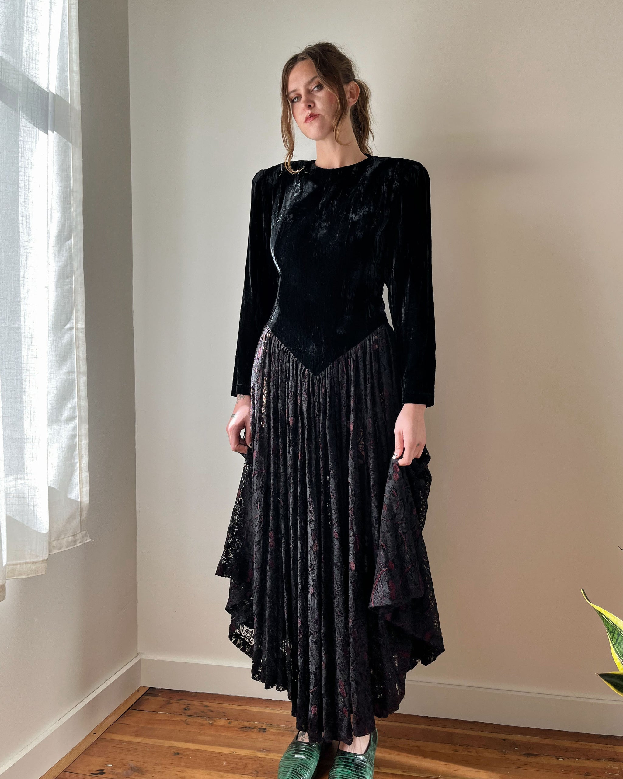 80s Norma Kamali Velvet & Lace Dress | S-M - Lucky Vintage 80s Norma Kamali Velvet & Lace Dress | S-M - Lucky Vintage