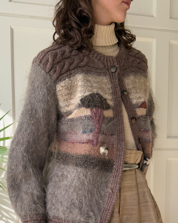 80s Brown Pastoral Mohair Cardigan | L - Lucky Vintage