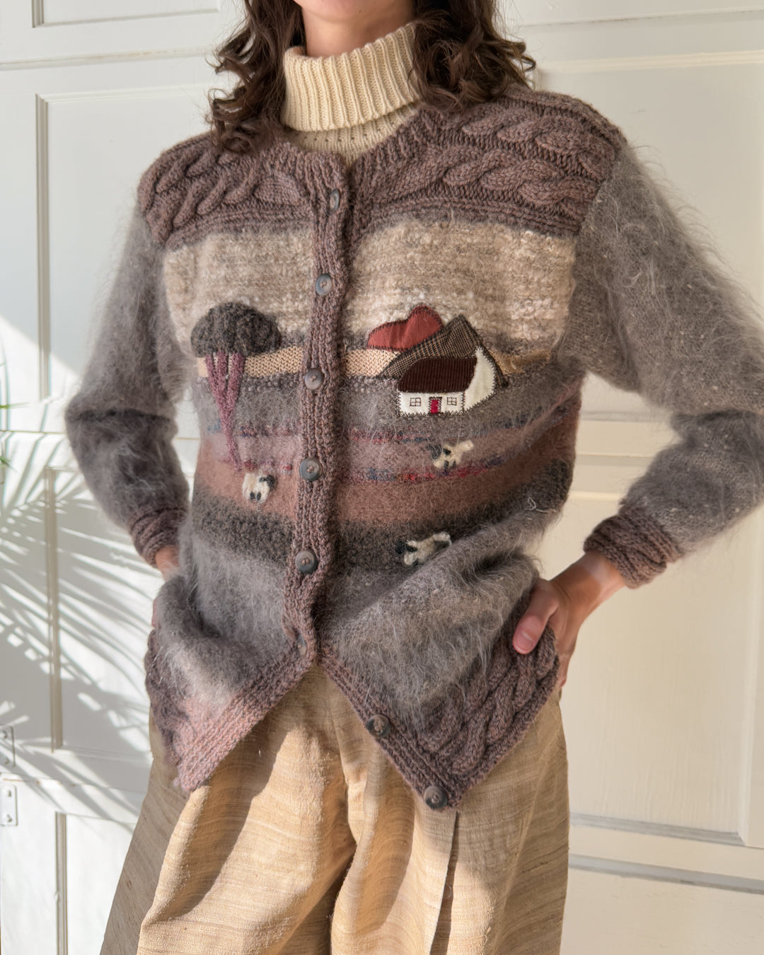 80s Brown Pastoral Mohair Cardigan | L
