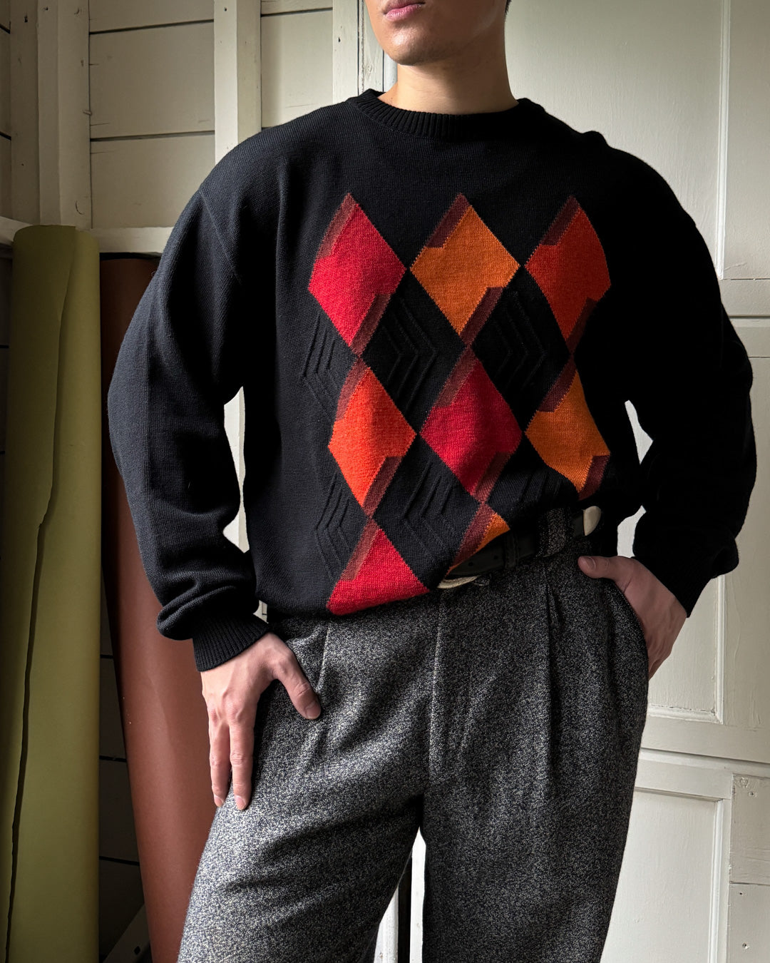 80s Geometric Wool Sweater | M-L
